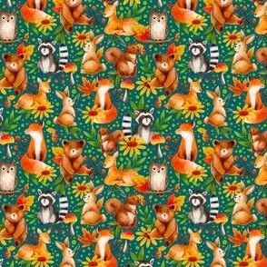 Small Scale Autumn Forest Friends Woodland Animals on Turquoise