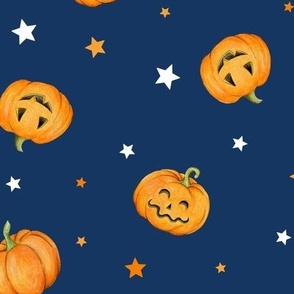 Halloween Pumpkins and Stars scattered on night sky navy - medium scale