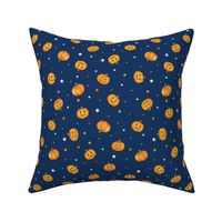 Halloween Pumpkins and Stars scattered on night sky navy - small scale