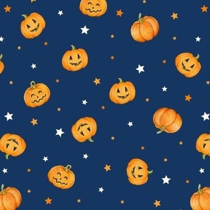 Halloween Pumpkins and Stars scattered on night sky navy - small scale