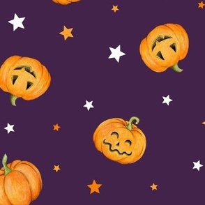 Halloween Pumpkins and Stars scattered on blackberry - medium scale