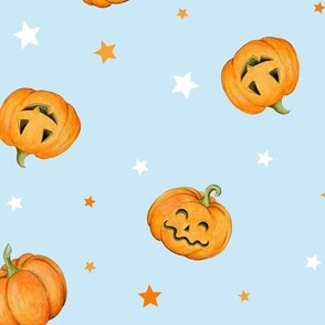 Halloween Pumpkins and Stars scattered on light blue - medium scale
