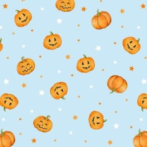 Halloween Pumpkins and Stars scattered on light blue - small scale