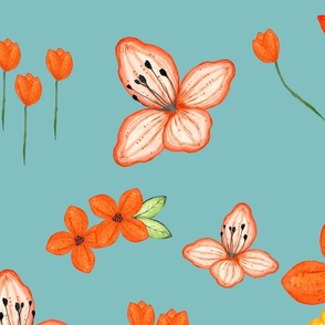Fun bright flowers with vibrant summer colors on a beautiful aqua background. (1039)
