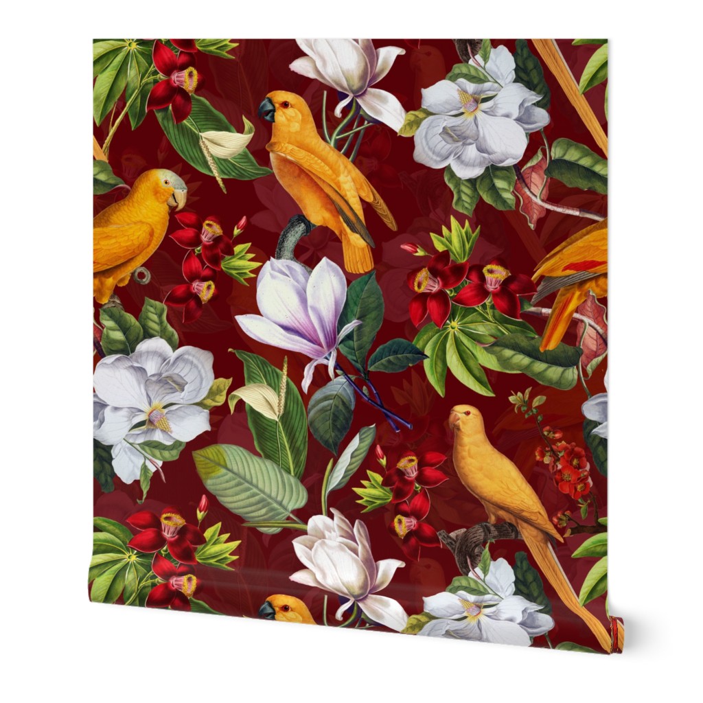 vintage tropical yellow parrots, antique exotic birds, green Leaves and nostalgic white magnolia blossoms   Tropical parrot fabric, - dark red  double layer Fabric