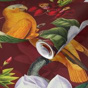 vintage tropical yellow parrots, antique exotic birds, green Leaves and nostalgic white magnolia blossoms   Tropical parrot fabric, - dark red  double layer Fabric