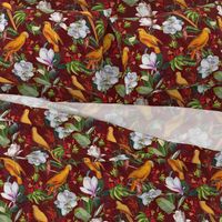 vintage tropical yellow parrots, antique exotic birds, green Leaves and nostalgic white magnolia blossoms   Tropical parrot fabric, - dark red  double layer Fabric