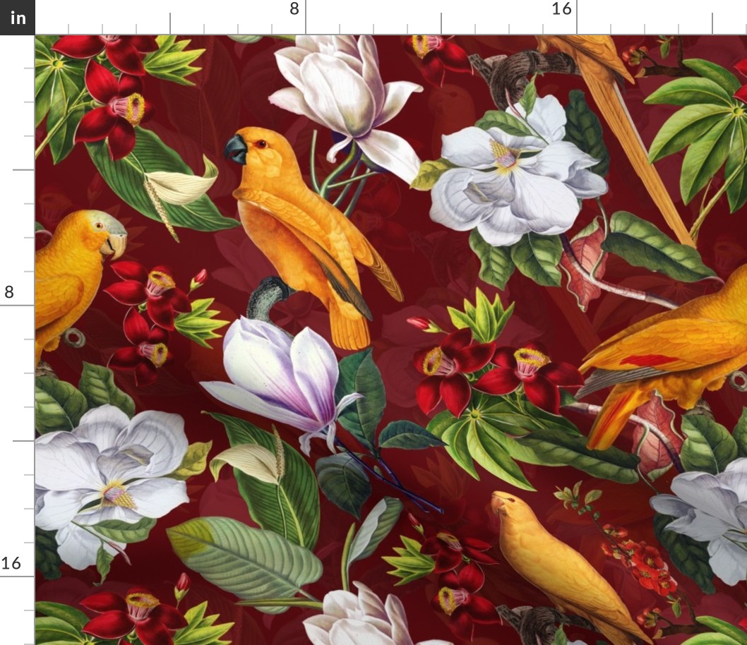 vintage tropical yellow parrots, antique exotic birds, green Leaves and nostalgic white magnolia blossoms   Tropical parrot fabric, - dark red  double layer Fabric