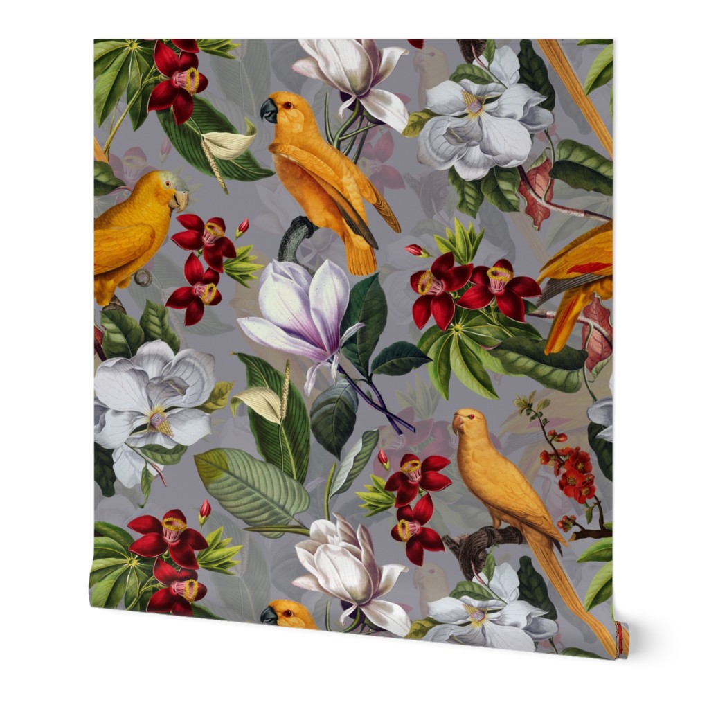 vintage tropical yellow parrots, antique exotic birds, green Leaves and nostalgic white magnolia blossoms   Tropical parrot fabric, - grey  double layer Fabric