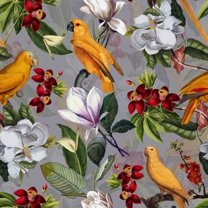 vintage tropical yellow parrots, antique exotic birds, green Leaves and nostalgic white magnolia blossoms   Tropical parrot fabric, - grey  double layer Fabric