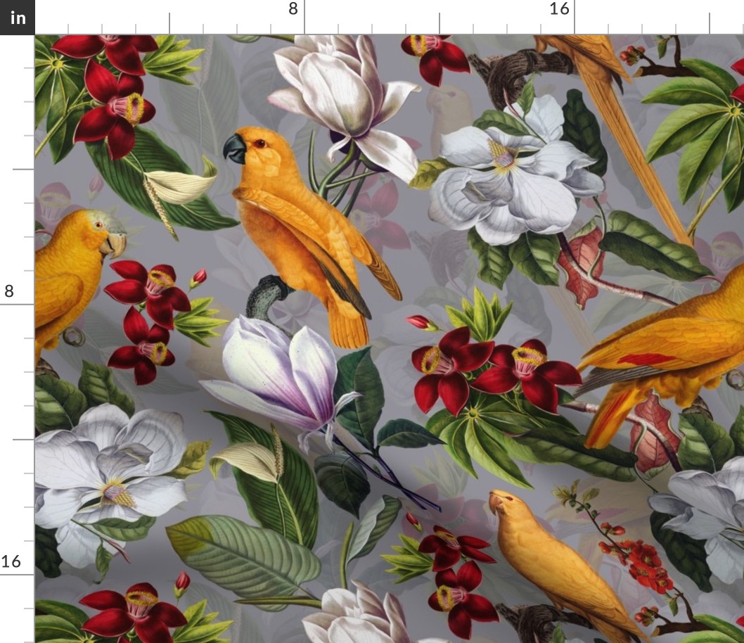 vintage tropical yellow parrots, antique exotic birds, green Leaves and nostalgic white magnolia blossoms   Tropical parrot fabric, - grey  double layer Fabric