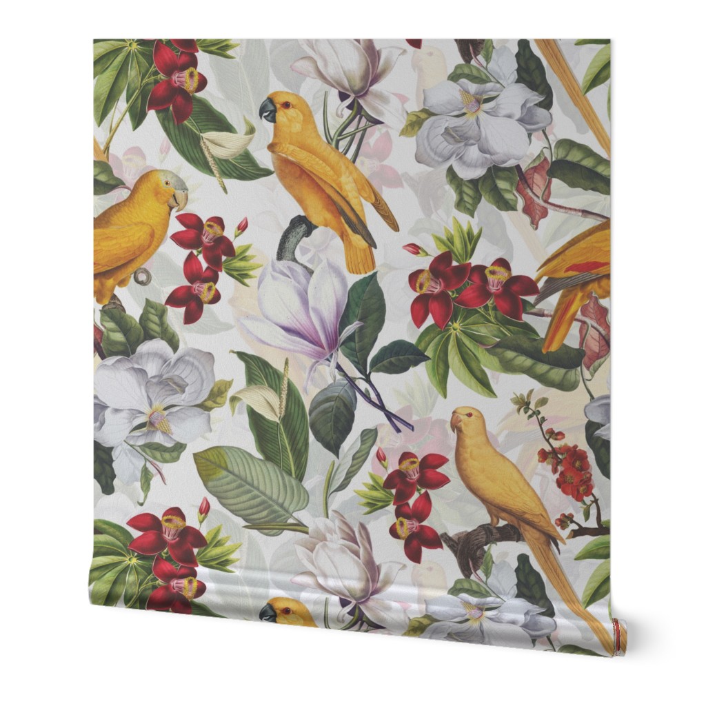 vintage tropical yellow parrots, antique exotic birds, green Leaves and nostalgic white magnolia blossoms   Tropical parrot fabric, - white  double layer Fabric