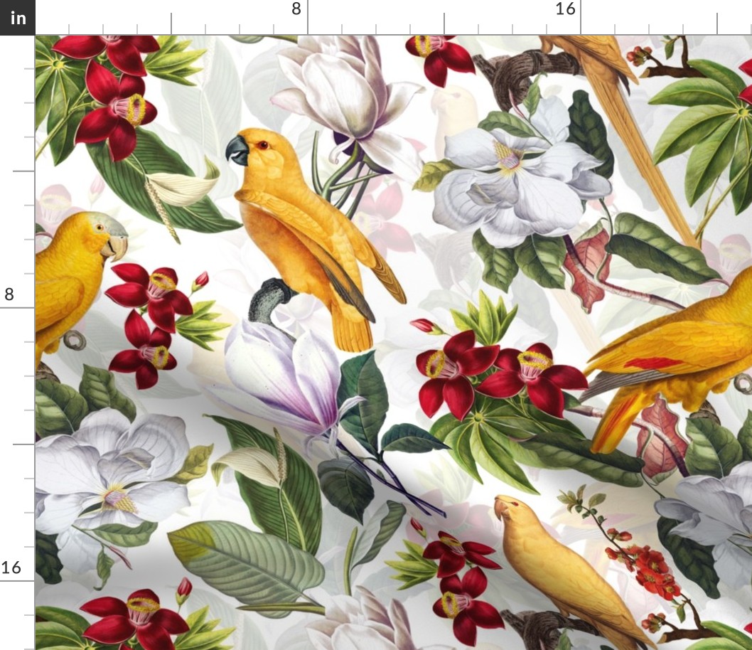 vintage tropical yellow parrots, antique exotic birds, green Leaves and nostalgic white magnolia blossoms   Tropical parrot fabric, - white  double layer Fabric