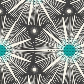 Supernova - Retro Starburst Geometric Charcoal Black Aqua Large Scale