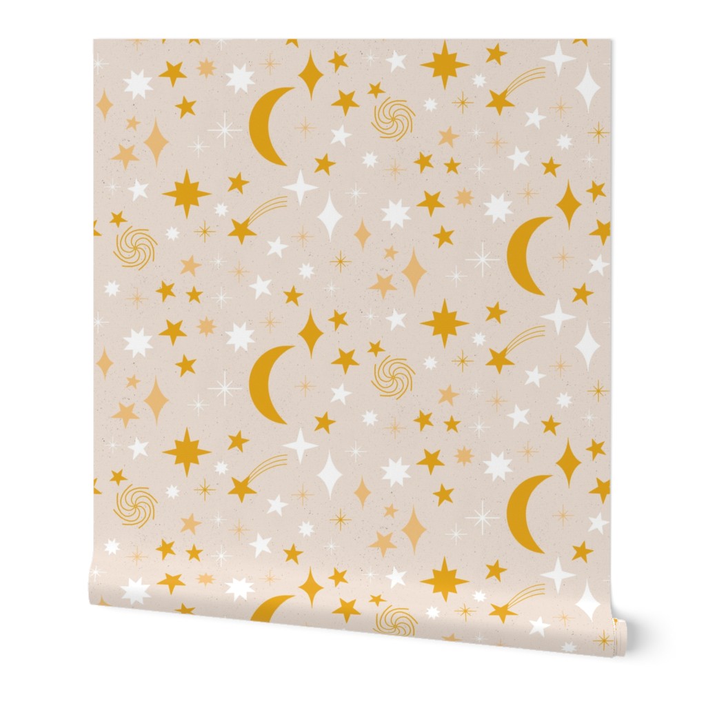Star and Moon||  Orange and Yellow Stars and Moon on Cream || Pumpkin Patch Collection by Sarah Price