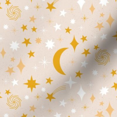 Stardust || Pumpkin Patch Collection || Orange and Yellow Stars and Moon on Cream by Sarah Price