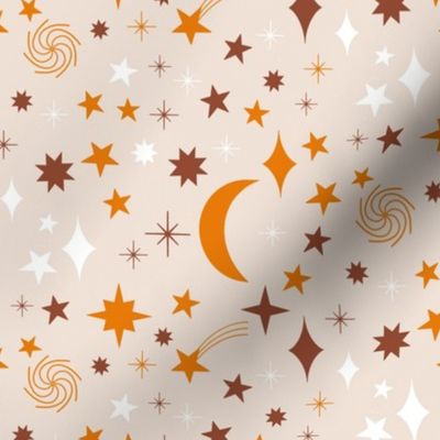 Star and Moon  || Orange and Red Stars and Moon on Cream || Pumpkin Patch Collection by Sarah Price