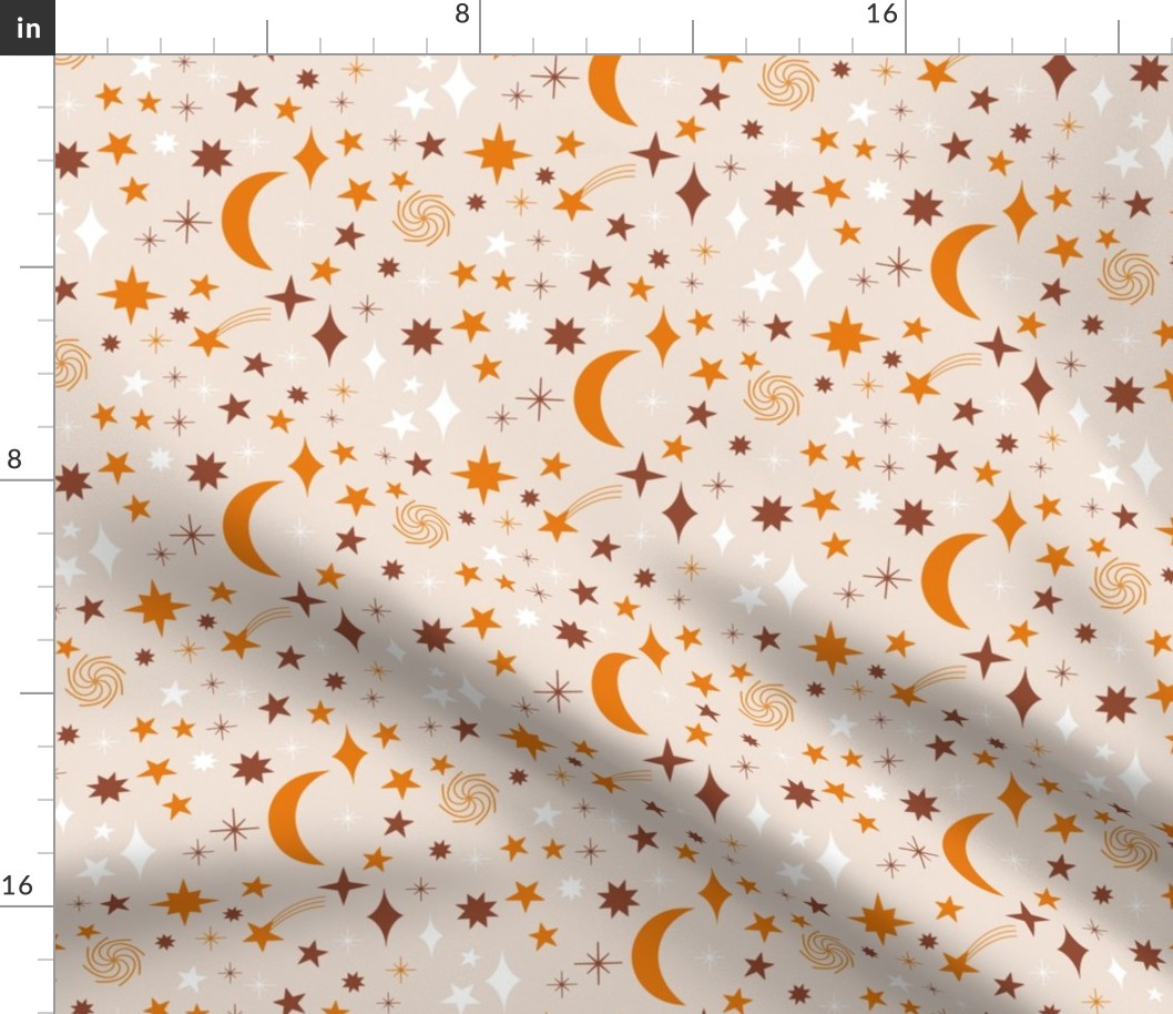 Star and Moon  || Orange and Red Stars and Moon on Cream || Pumpkin Patch Collection by Sarah Price