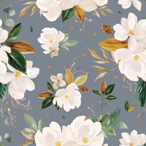 gold magnolia floral on stone gray background - oversized