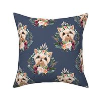 6" paprika floral yorkie with crown on stone blue background