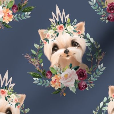 6" paprika floral yorkie with crown on stone blue background