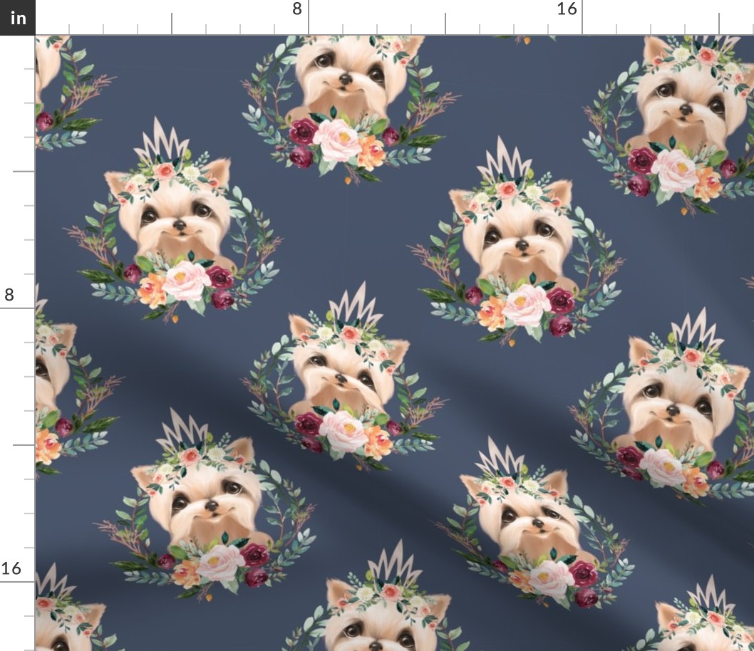 6" paprika floral yorkie with crown on stone blue background