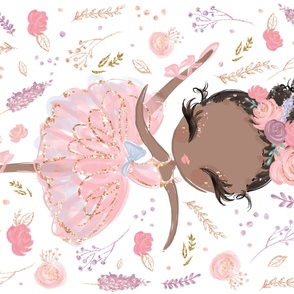54x36" pink glitter floral ballerina pink dress and black hair on white
