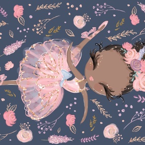 54x36" pink glitter floral ballerina pink dress and black hair on stone blue background