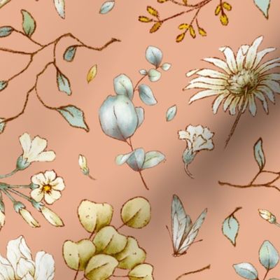 rustic botanical floral on peach nougat