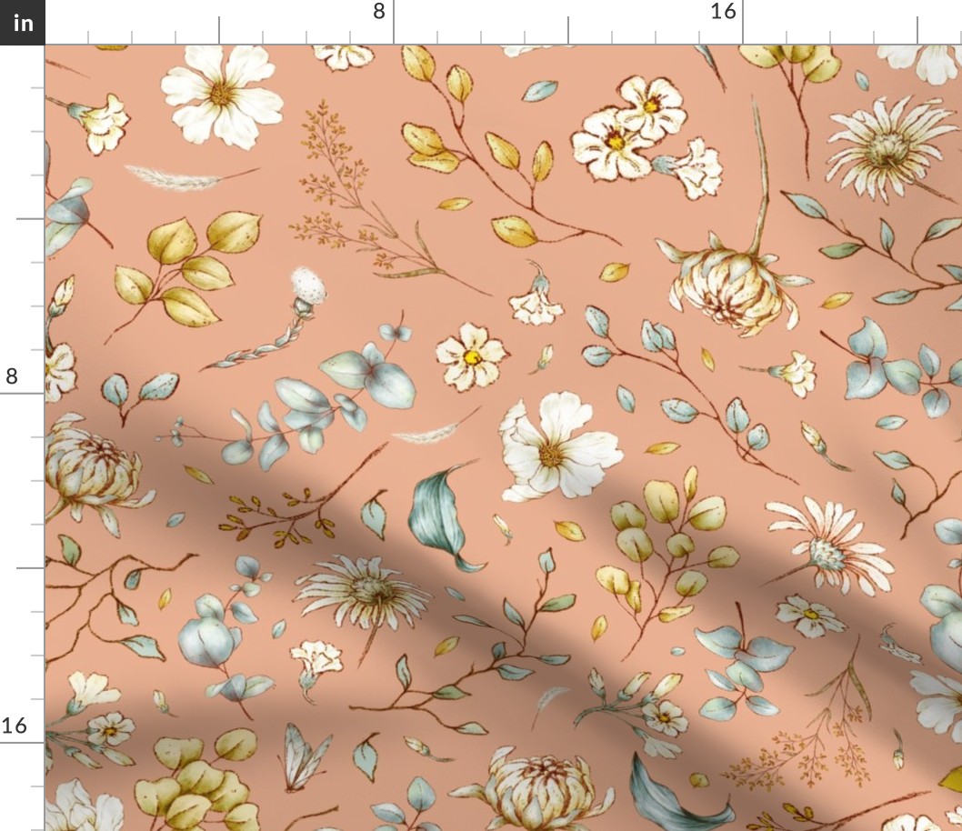 rustic botanical floral on peach nougat