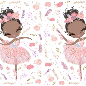  27x36" pink glitter floral ballerina pink dress and black hair on white