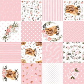 9" pink spring floral highland cow cheater quilt - rotated