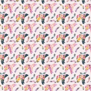 2.5" floral space bear - purple, pink teal floral bear on pink background