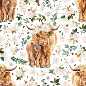 Highland Cow Brown Floral Fabric Highland Cows With Leaves and Maroon  Floral by Karolina Papiez Highland Cow Fabric With Spoonflower 