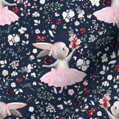 4" ballerina bunny summer floral on dark blue