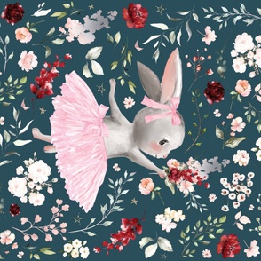 54x36" ballerina bunny summer floral on teal