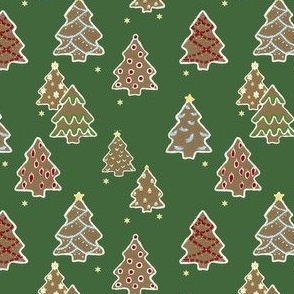 Decorated Gingerbread Cookie Christmas Tree Lot on Dark Green