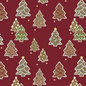 Decorated Gingerbread Cookie Christmas Tree Lot on Dark Red