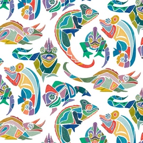 Chameleons, Africa Tribal Print  on White