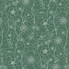 Retro Flowers Outline White/ Green