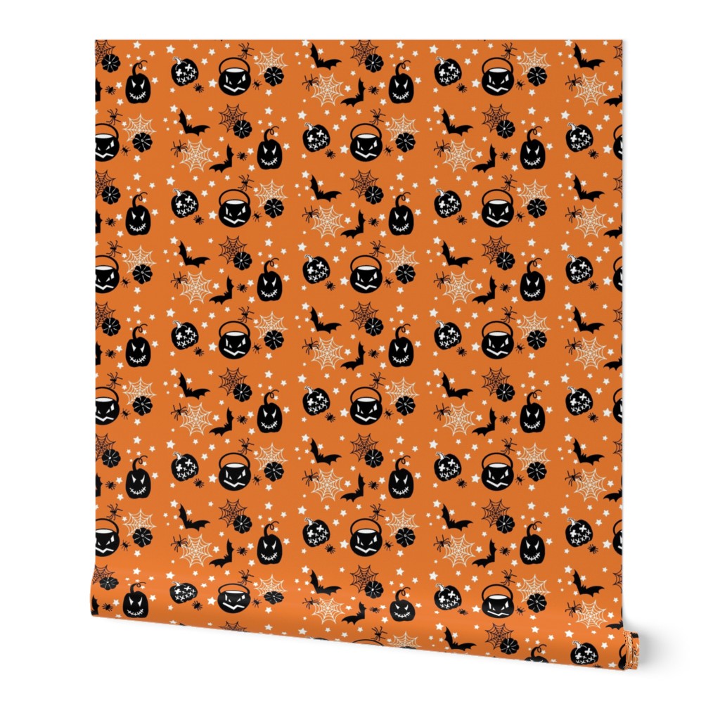 Halloween Black Jack-O- Lanterns, Bats and Bugs on Orange
