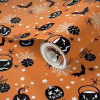 Halloween Black Jack-O- Lanterns, Bats and Bugs on Orange