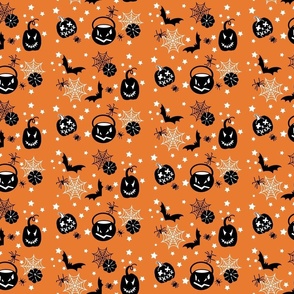 Halloween Black Jack-O- Lanterns, Bats and Bugs on Orange