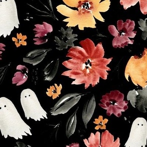 bkrd Hello Halloween Fall Floral with Ghosts 12x12 black
