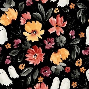 bkrd Hello Halloween Fall Floral with Ghosts 8x8 black
