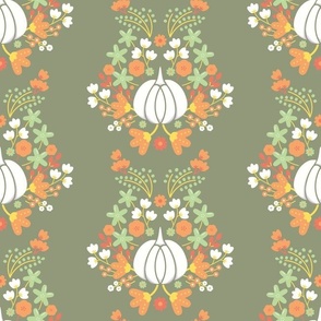 Autumnal Pumpkin with Folklore Florals Composition on Sage Green