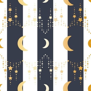 Crescent Moon with Star Chains Gold Shine Effect on White and Navy Blue Stripes