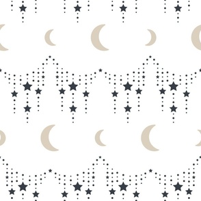 Taupe Crescent Moon with Star Chains on White