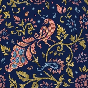 Peacock Garden/Paithani/indian textile/jumbo/navy