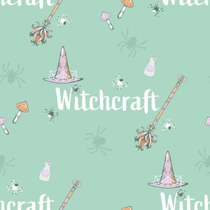 Retro Witchcraft Essentials on Pastel Green